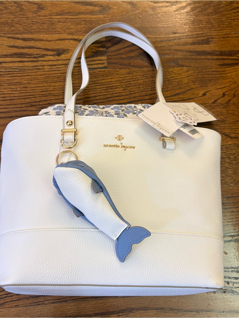 Nanette Lepore White Pebbled Tote with Blue Whale Charm
